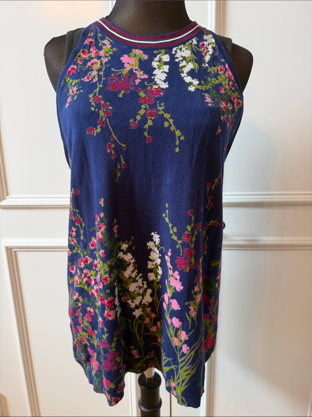 Daniel Rainn Floral Knit Tank Top - Navy with Pink & White Blooms
